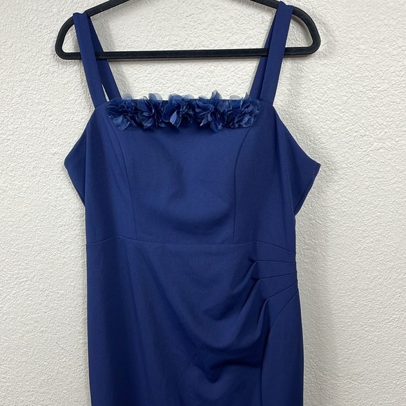 New Alex Evenings Flower Neckline Maxi Dress Square Neck Navy Blue Sz 14 - Picture 3 of 13